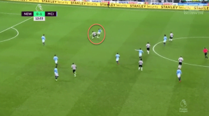 This allows him to tackle the defender, and run onto goal to put a shot narrowly wide.