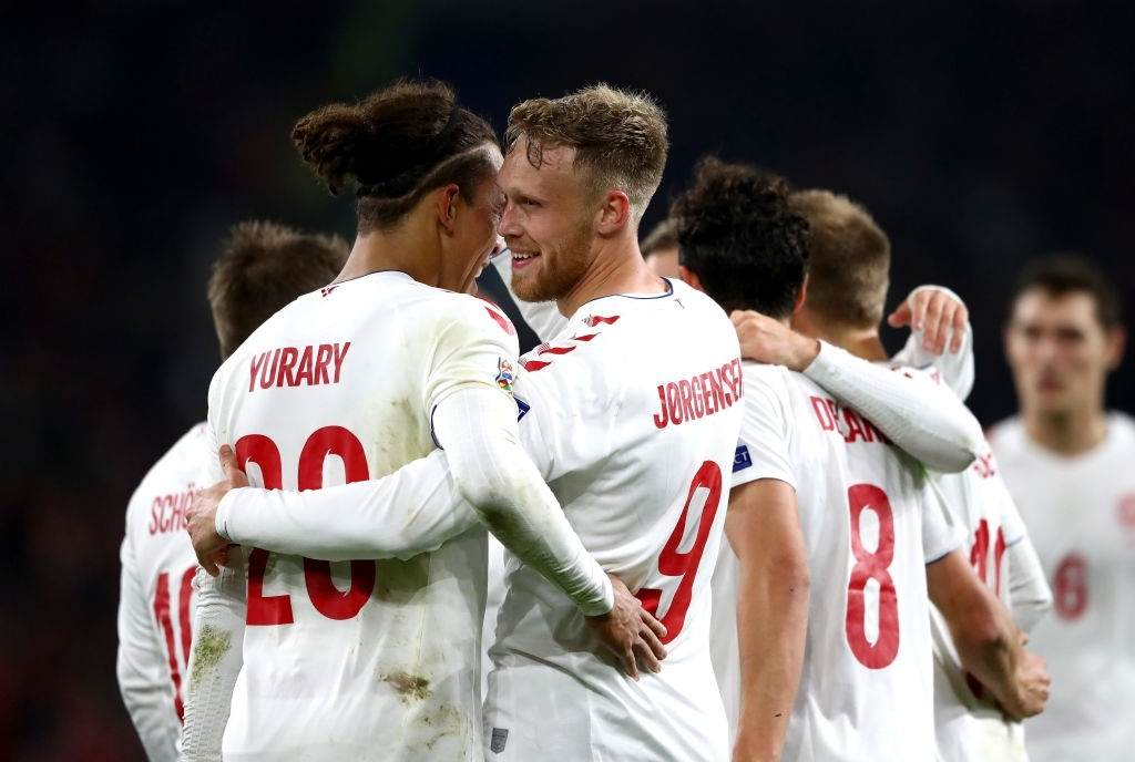 Nicolai Jorgensen of Denmark celebrates after scoring his team's first goal