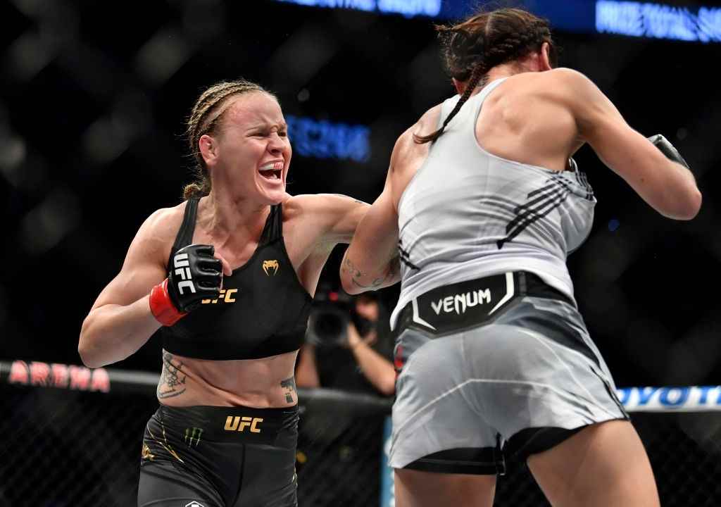 Valentina Shevchenko of Kyrgyzstan punches Lauren Murphy in their UFC flyweight championship fight during the UFC 266 event on September 25, 2021 in Las Vegas, Nevada.