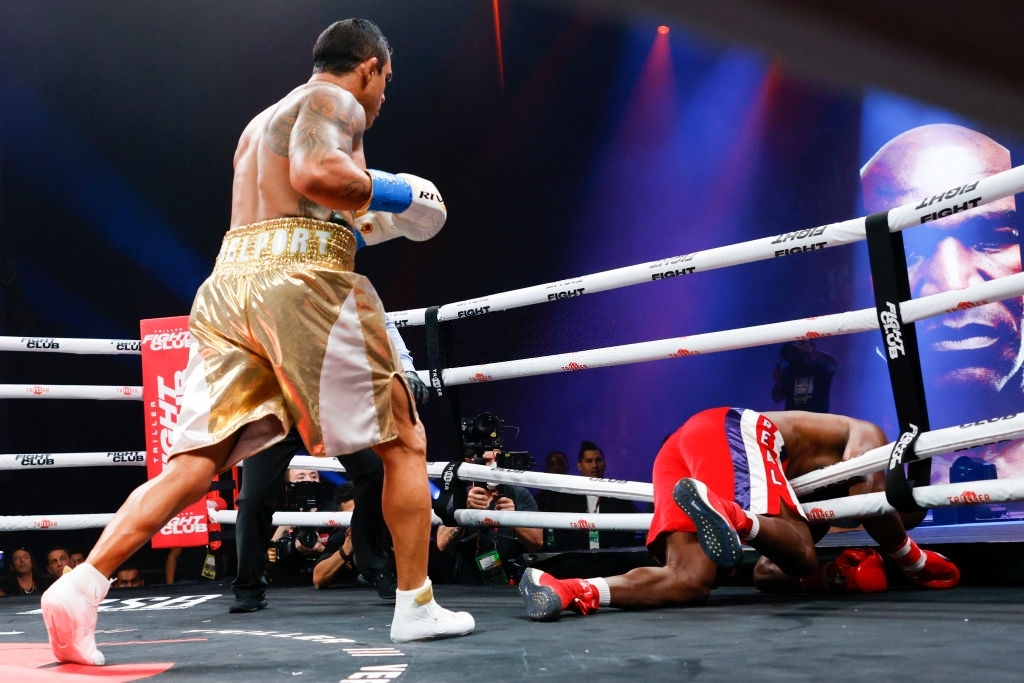 Vitor Belfort knocks down Evander Holyfield during the first round of the fight during Evander Holyfield vs. Vitor Belfort presented by Triller at Seminole Hard Rock Hotel & Casino on September 11, 2021 in Hollywood, Florida. (Photo by Douglas P. DeFelice/Getty Images)