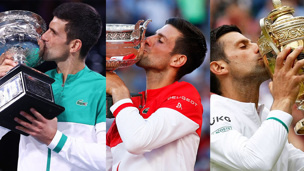 Novak Djokovic won the Australian Open, Roland Garros, and Wimbledon in 2021. 
