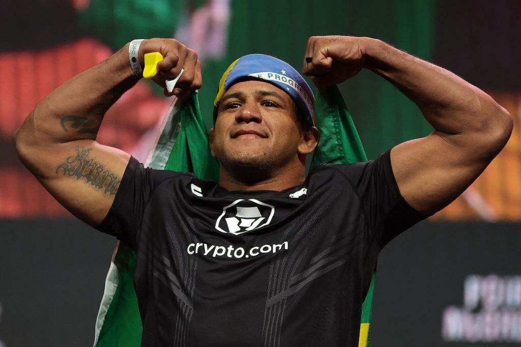 Gilbert Burns poses during a ceremonial weigh in for UFC 264 at T-Mobile Arena on July 09, 2021 in Las Vegas, Nevada. 