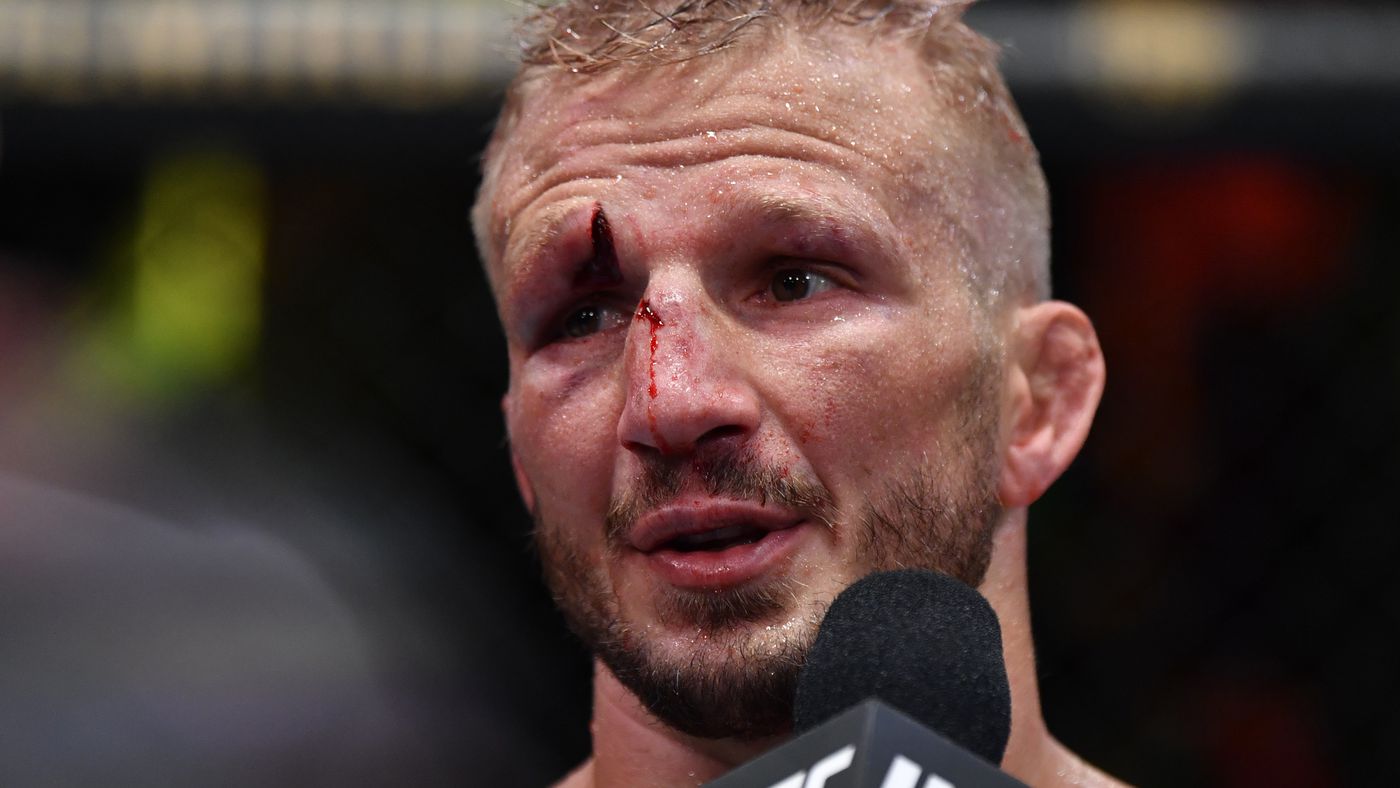TJ Dillashaw speaks in the post-fight interview