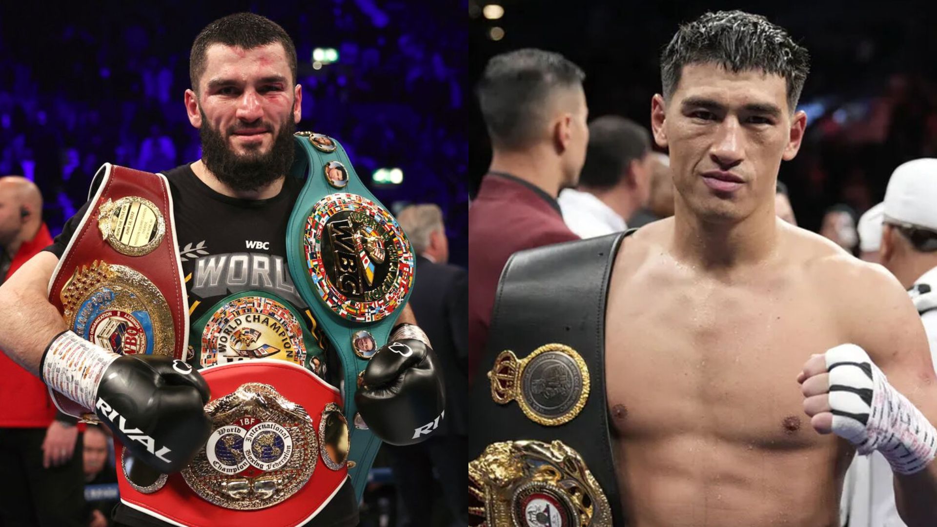 Dmitry Bivol and Artur Beterbiev celebrating their win