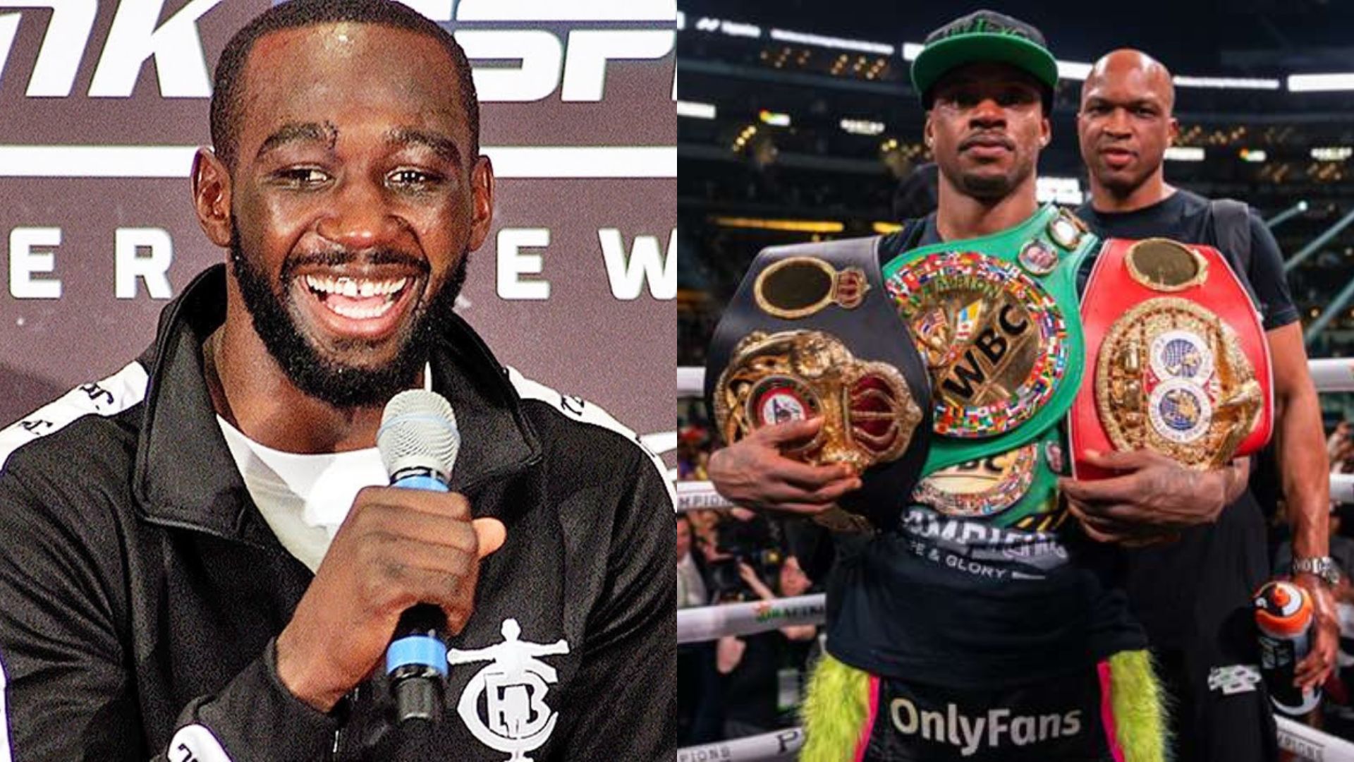 Terence Crawford speaking at a press conference and Errol Spence Jr celebrating his win