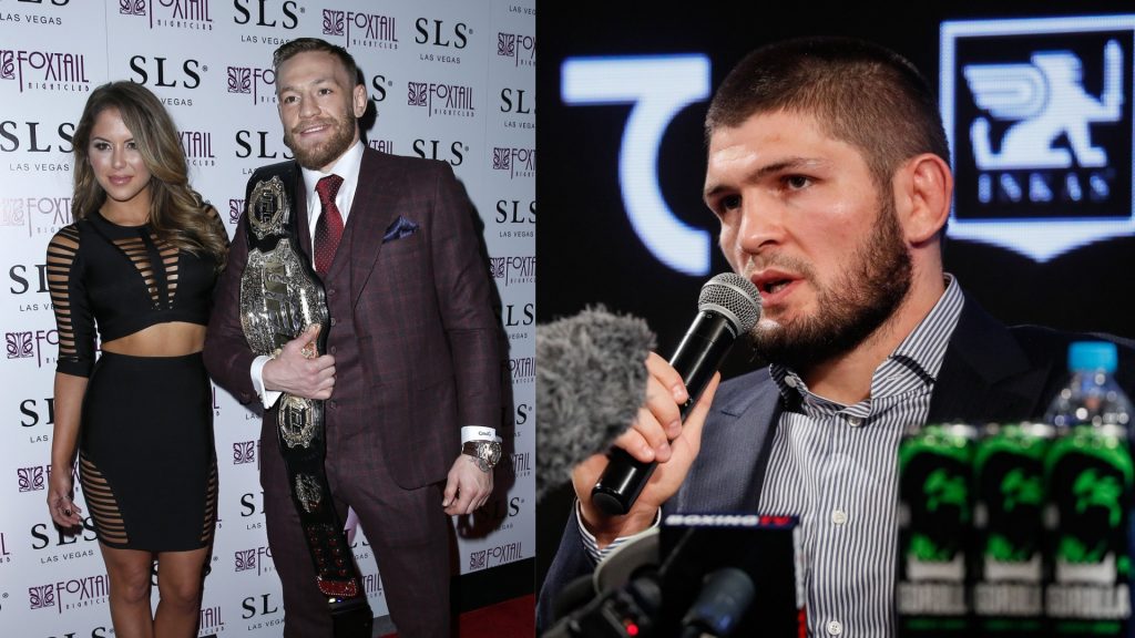 Khabib Nurmagomedov speaking at a press conference