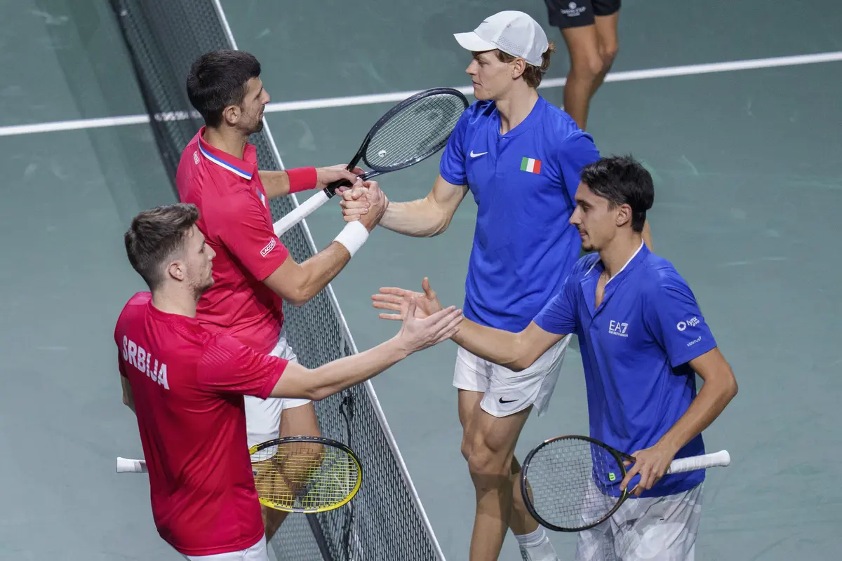 Novak Djokovic, Miomir Kecmanvoc and Jannik Sinner, Lorenzo Sonego