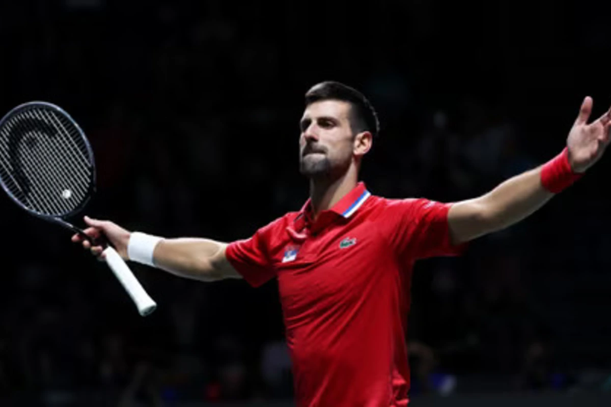 Novak Djokovic celebrating after win at 2023 Davis Cup