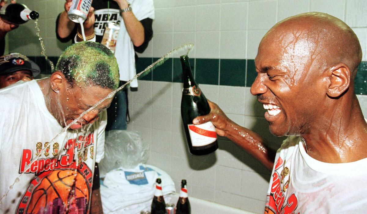 Michael Jordan celebrating after defeating Utah Jazz