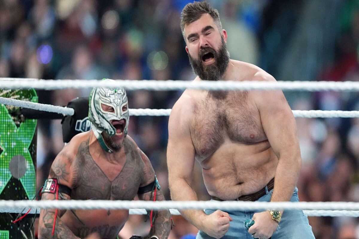 Jason Kelce, Lane Johnson comes to WWE HOFer Rey Mysterio’s rescue at WWE WrestleMania 40